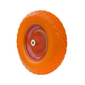 PU 3007-12 - Колесо для тачки / тележки полиуретановое бескамерное 4.80/4.00-8, сварной диск, диаметр 390 мм, ось 12 мм, металлический обод, симметричная ступица, шариковый подшипник